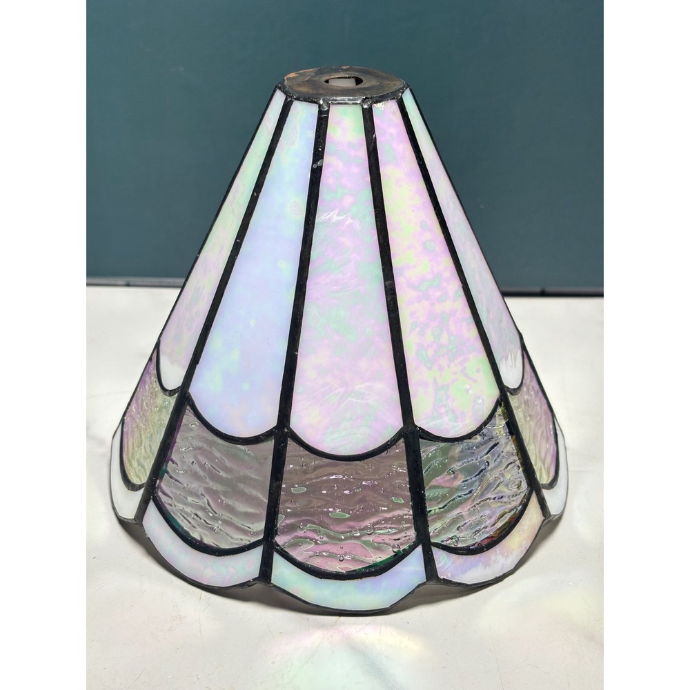Vintage Iridescent Stained Glass Lamp Shade White Scalloped Bell 6 Inch Dia